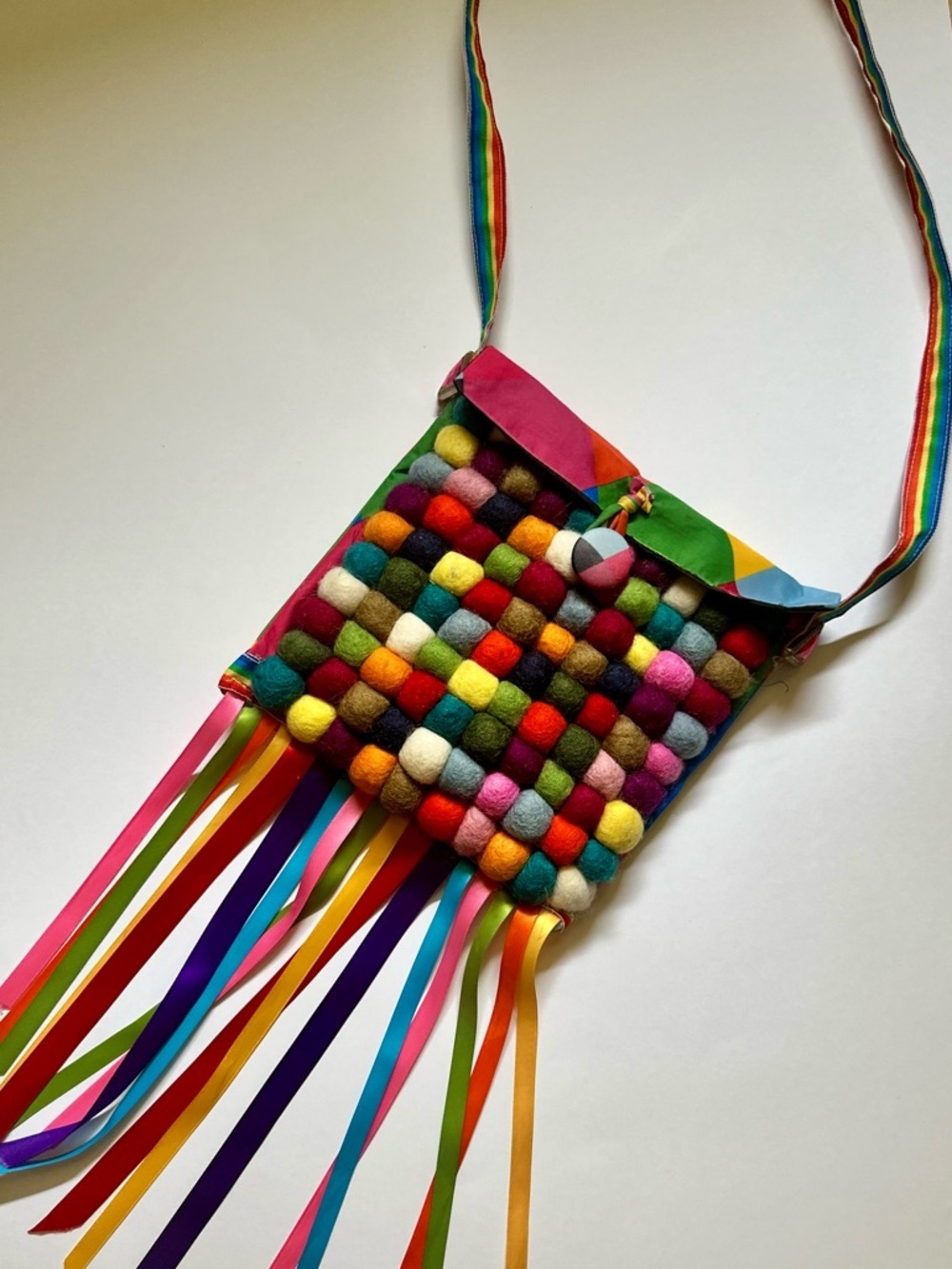 Handmade Rainbow Patchwork Crossbody Bag | Boho Pom Pom Fringe Festival Purse